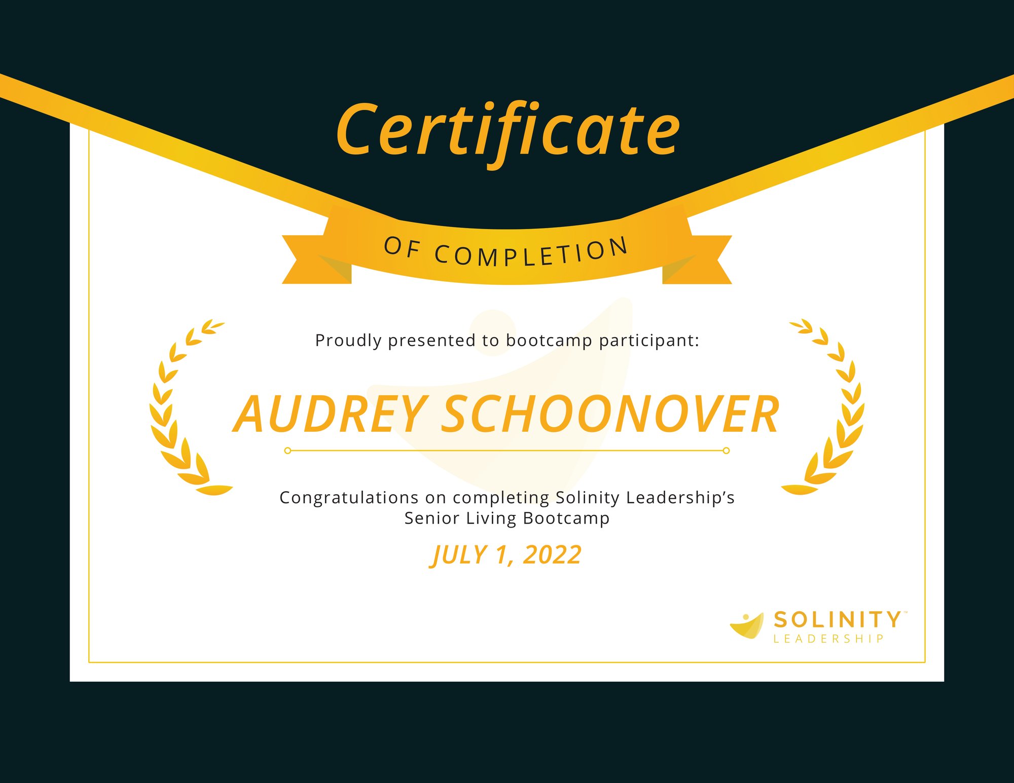 Audrey Schoonover Senior Living Bootcamp Certificate