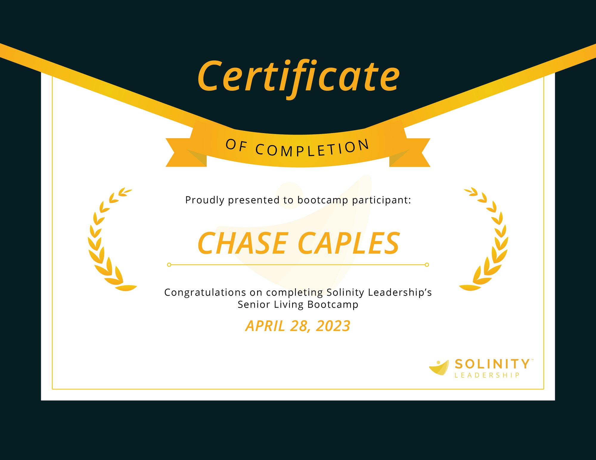 Chase Caples Solinity Leadership Bootcamp Certificate