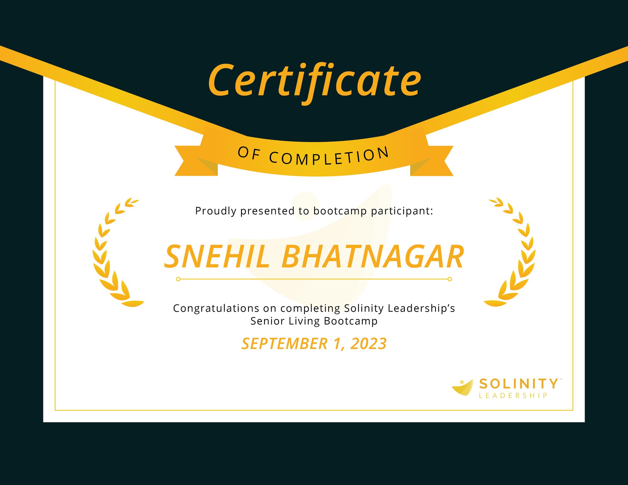 Snehil Bhatnagar Senior Living Bootcamp Certificate